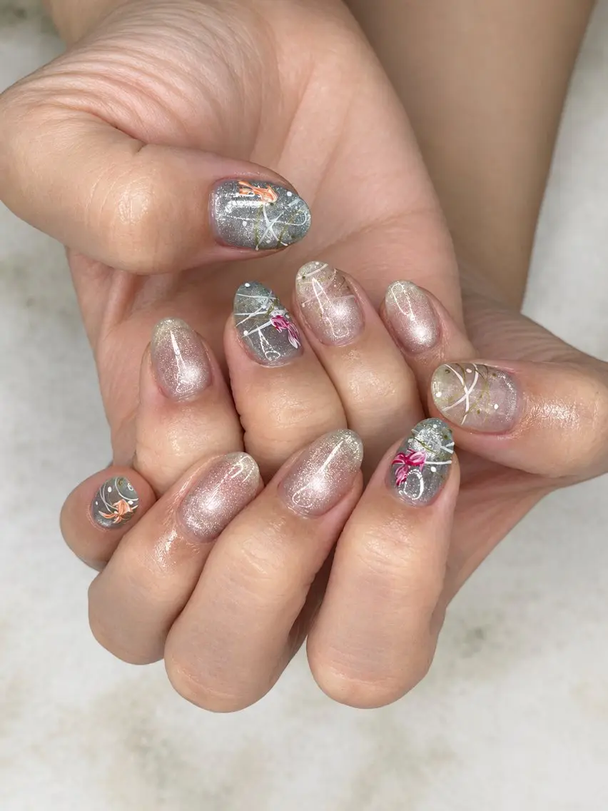 ネイル アートネイル クリアネイル ゴールド 水色 マグネットネイル SAMS NAILのネイルデザイン