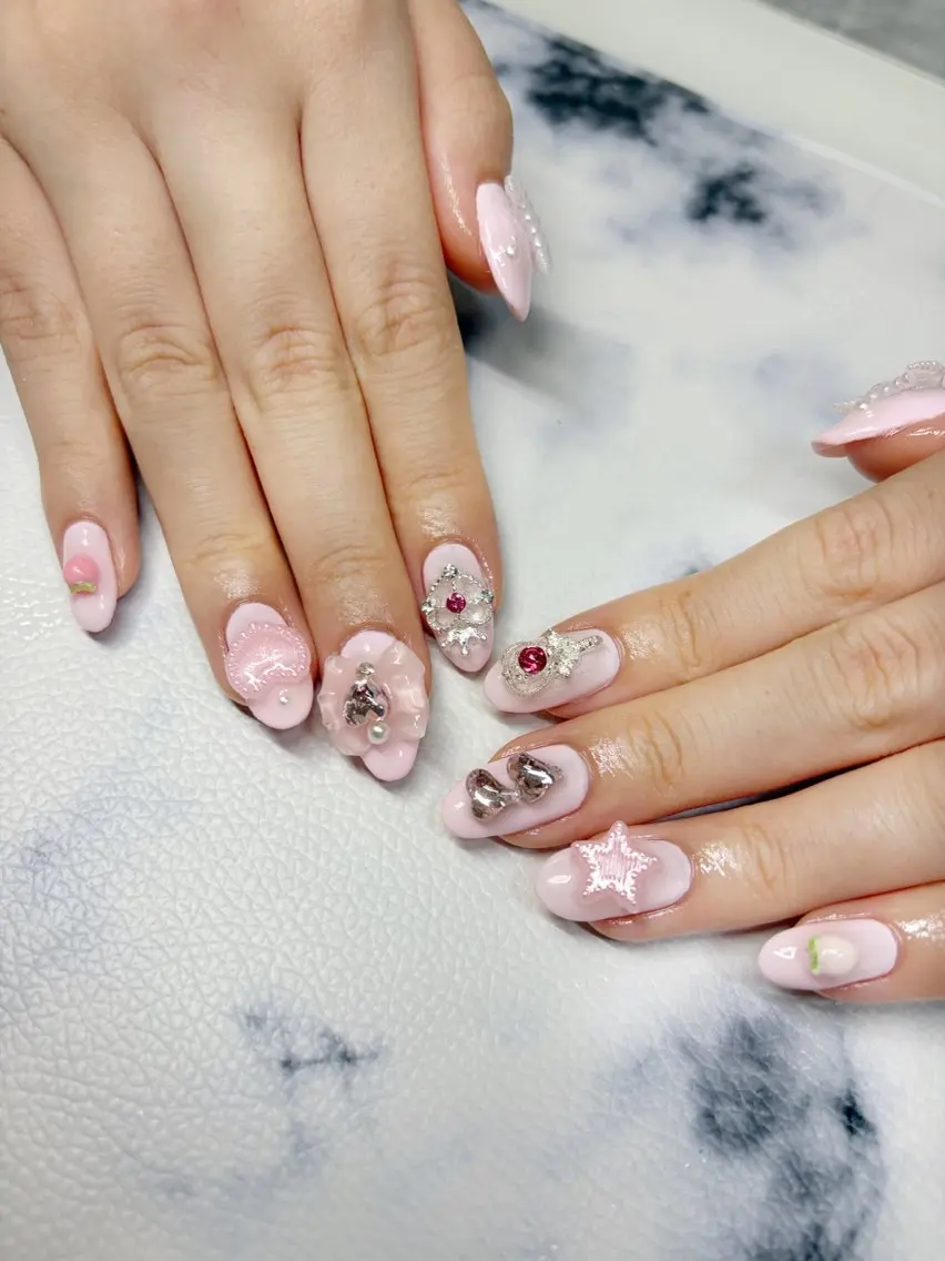 ネイル ガーリー 韓国ネイル ピンク リボン ハンドネイル 覚王山/池下/名古屋 Nachan🌸のネイルデザイン