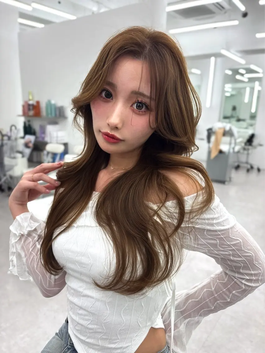 ロング カラー ブラウンカラー 透明感カラー 顔まわりレイヤー ハイレイヤー 韓国風ヘア 盛れる顔周り✨韓国式 レイヤーkanatoのヘアスタイル