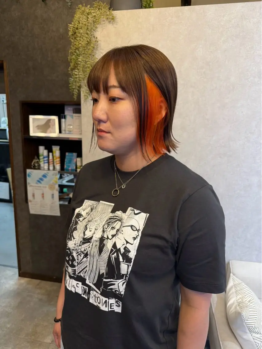 ショート カラー ブラウンカラー デザインカラー インナーカラー ナチュラルブラウン オレンジ ヘアカラー HINA✂️🩵 刈谷三河安城のヘアスタイル