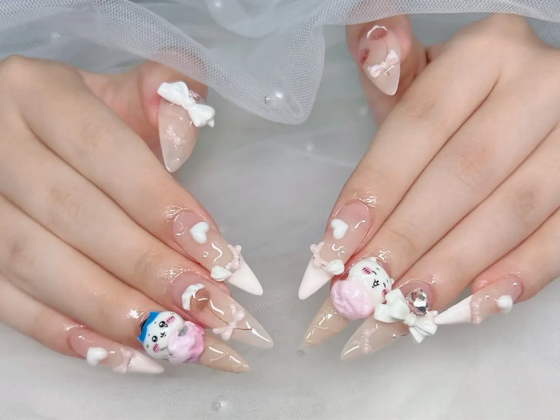 ネイル ブルー チークネイル ドット フレンチネイル ジェルネイル ハンドネイル Kei Nail 長さ出し 付け放題のネイルデザイン