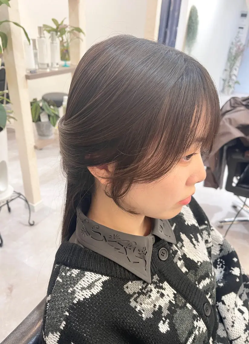 ロング カラー 顔周りカット 髪質改善で 憧れの潤艶美髪にのヘアスタイル