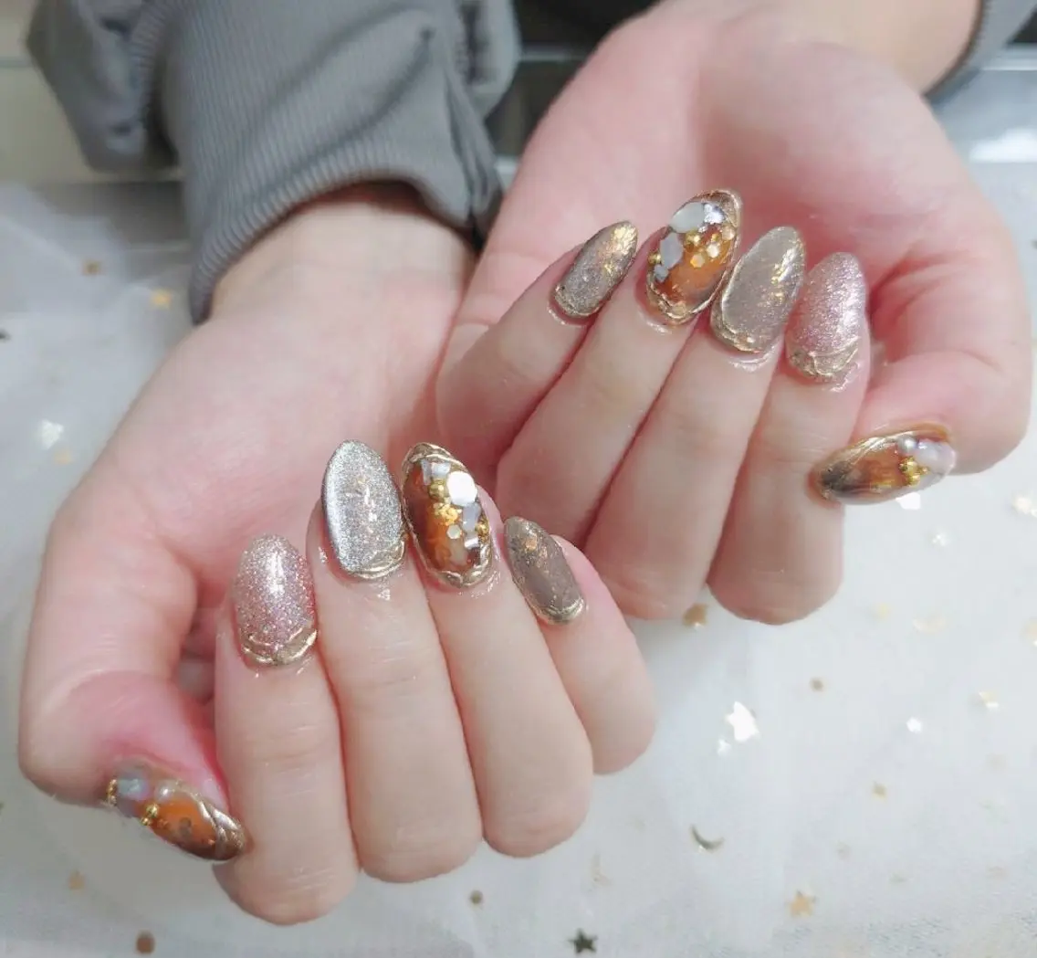 ネイル べっ甲ネイル ジェルネイル ミラーネイル オフィスネイル ワンカラーネイル ハンドネイル Beaubie nailサロンのネイルデザイン