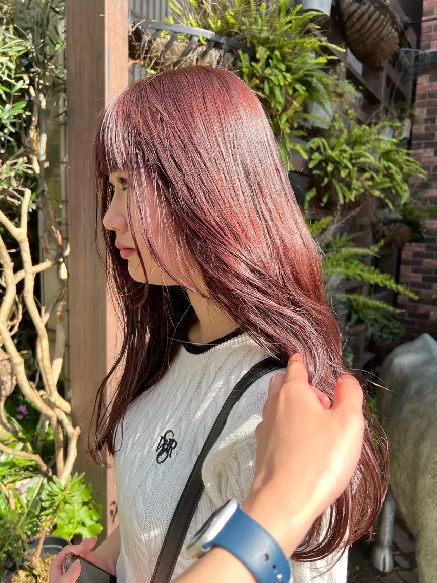 ロング ピンクラベンダー 似合わせレイヤー ＆縮毛矯正のヘアスタイル