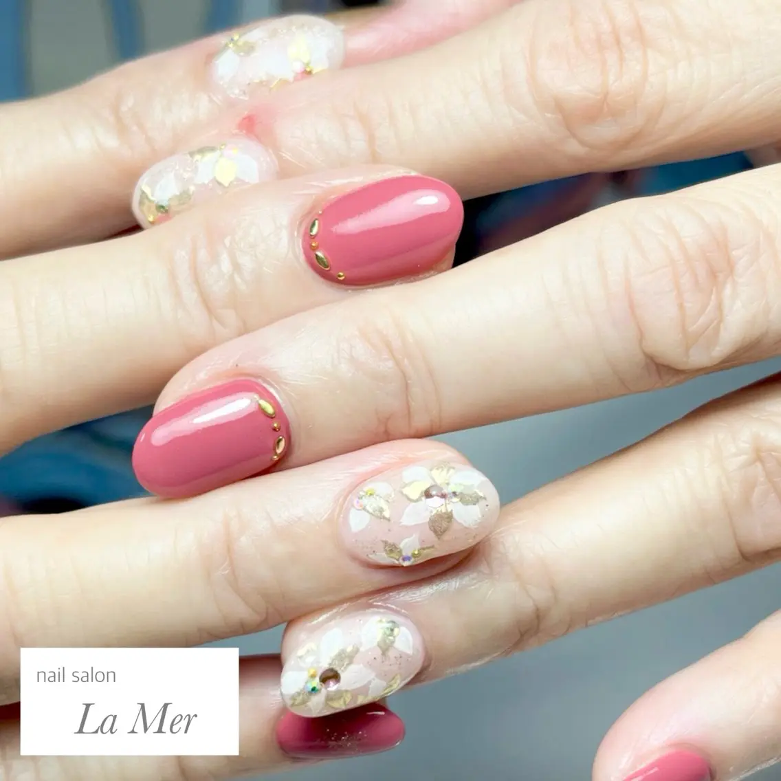 ネイル アートネイル フラワーネイル ミラーネイル ピンク nailsalon La Merのネイルデザイン