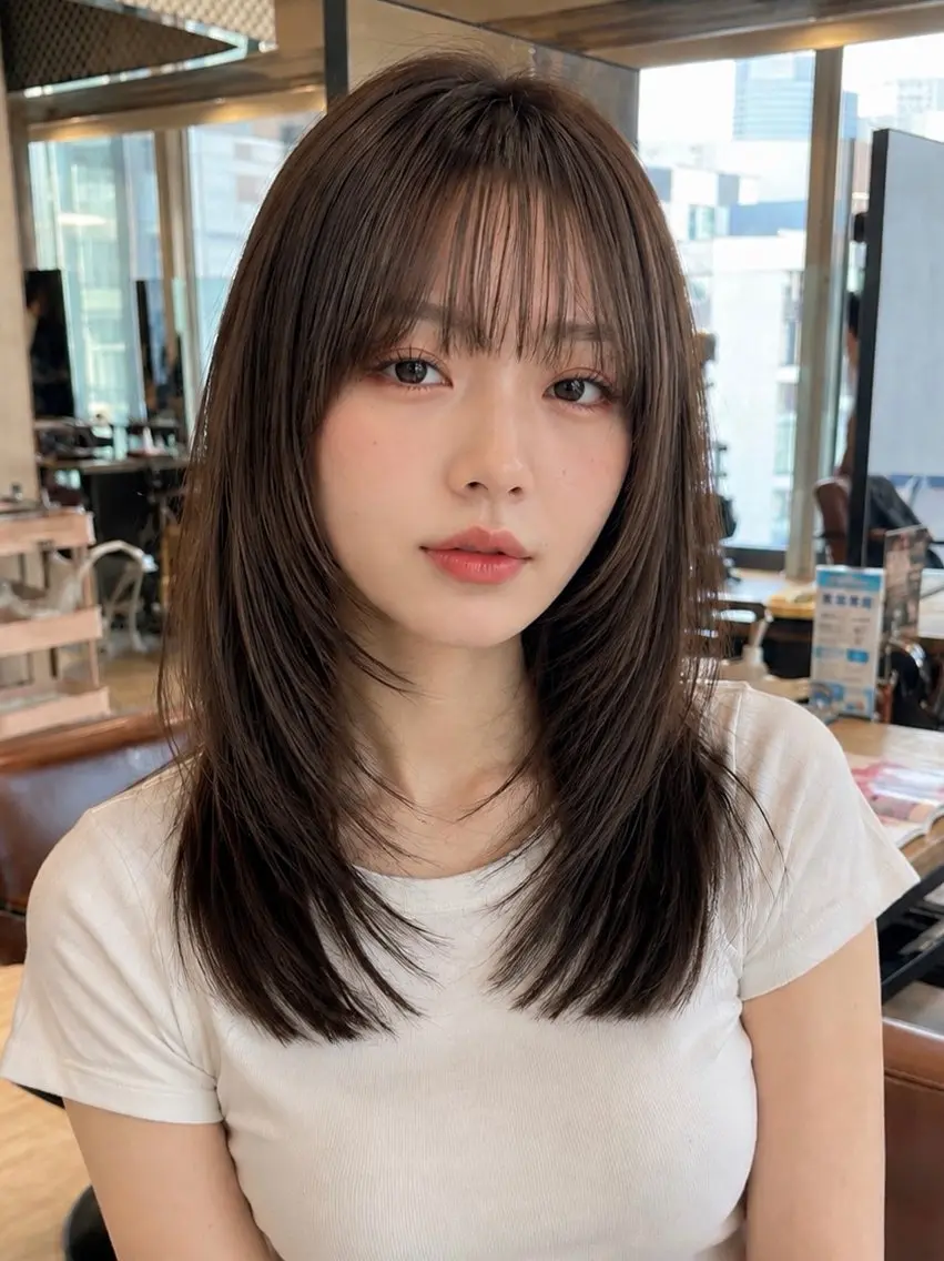 ミディアム 顔周りカット レイヤーカット トリートメント カット トリートメント 透明感カラー/韓国レ イヤー/宮下知也のヘアスタイル