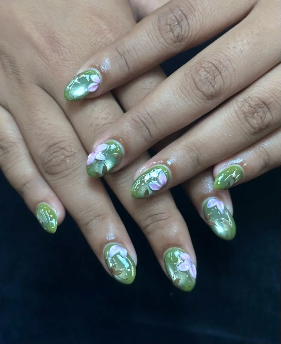ネイル フラワーネイル ジェルネイル グリーン マグネットネイル ぷっくりネイル Iconic Nailのネイルデザイン
