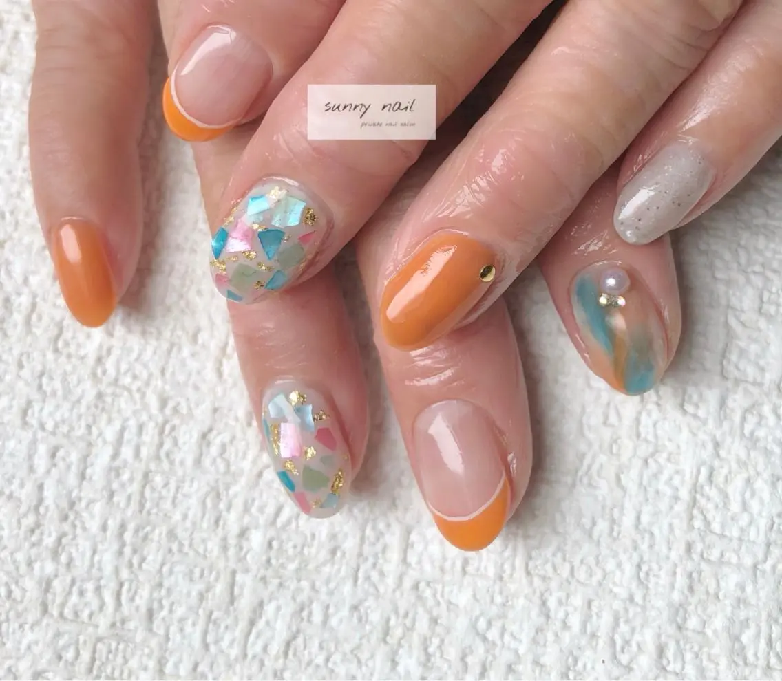 ネイル カジュアル ジェルネイル ニュアンスネイル オレンジ パラジェル sunny nailのネイルデザイン
