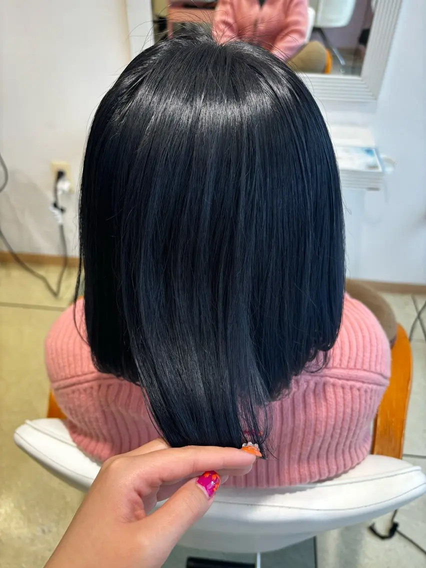 カラー 黒髪 ブルーカラー ブルーブラック 淡色┊︎ナチュラル 🧁奈那美🧁*.゜のヘアスタイル