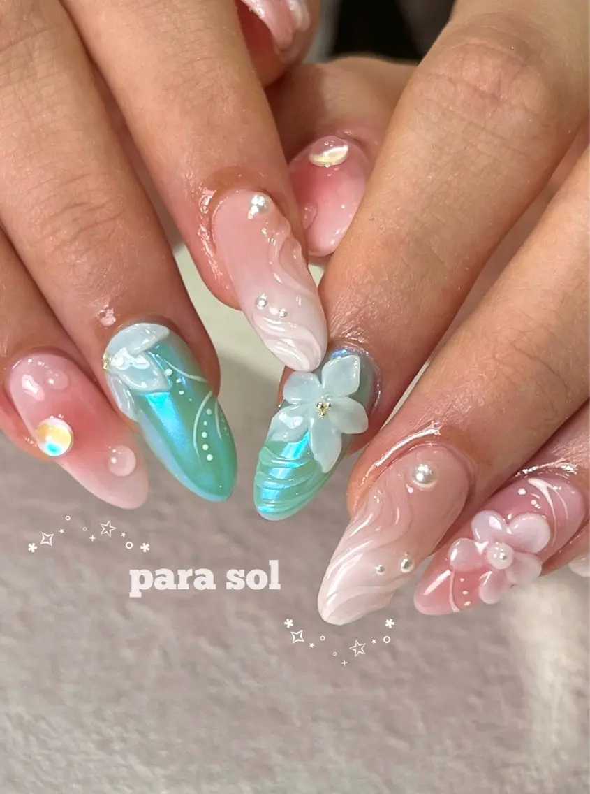 ネイル オーロラネイル フラワーネイル ジェルネイル パラジェル ピンク ハンドネイル フットネイル Para Sol nail　Maoのネイルデザイン