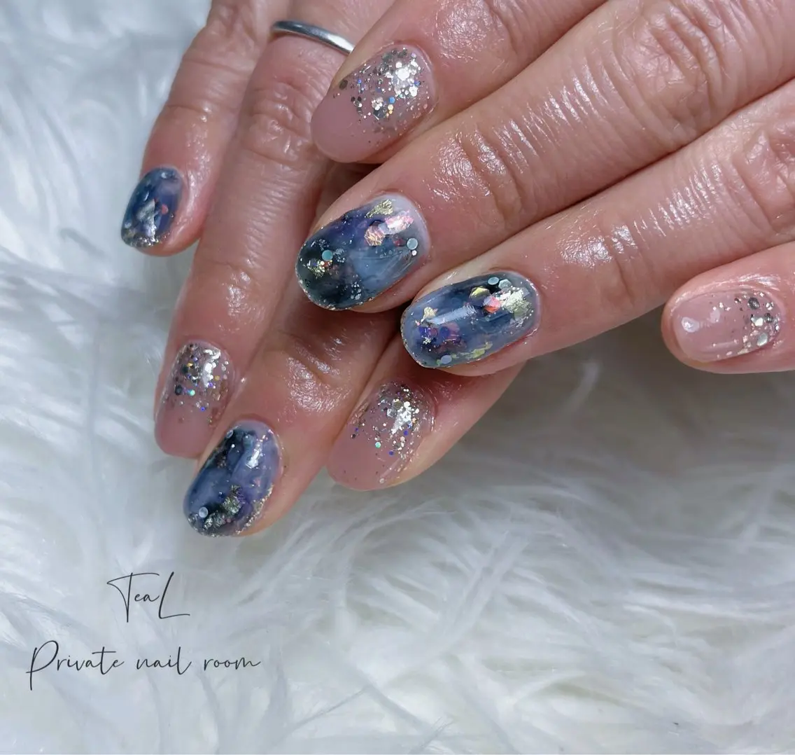 ネイル ブルー ニュアンスネイル ショートネイル ハンドネイル TeaL nailのネイルデザイン