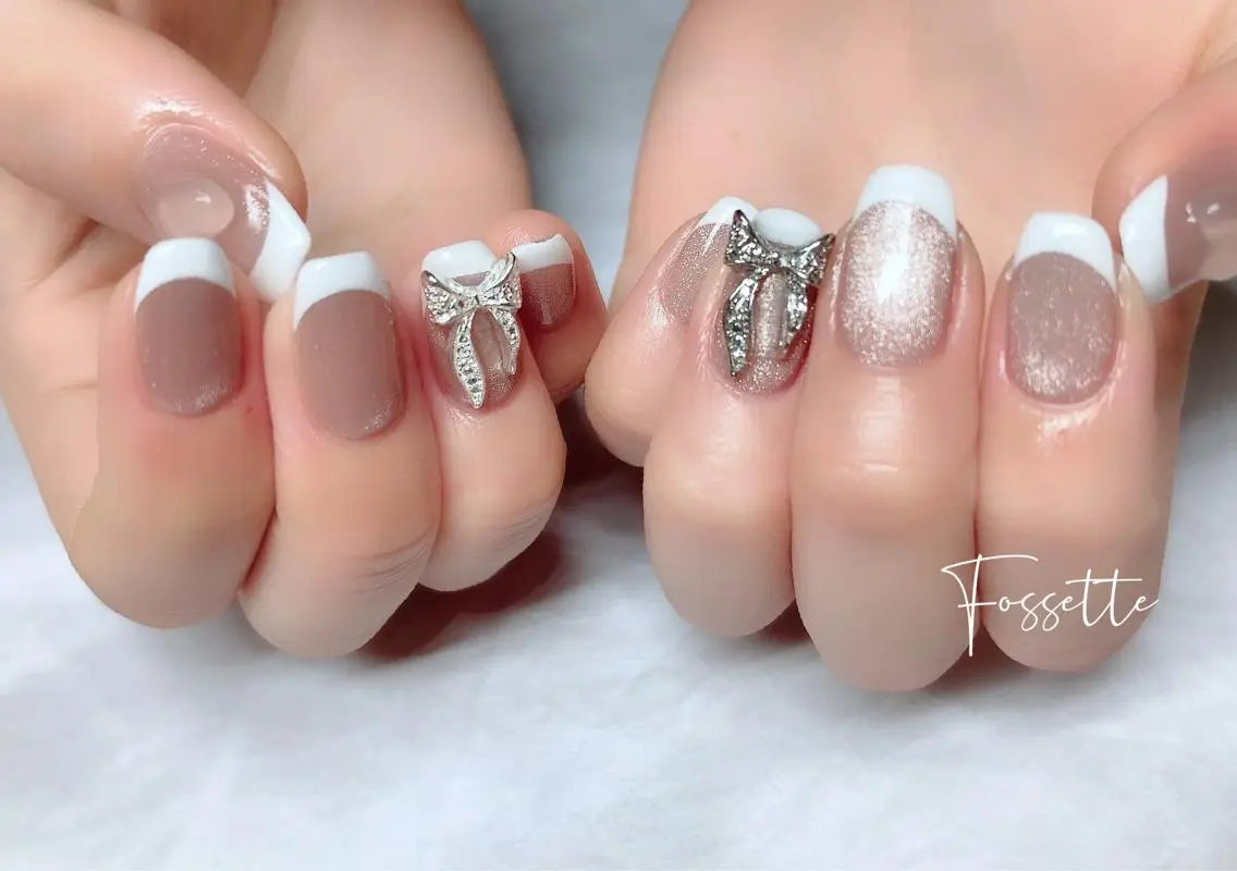 ネイル フレンチネイル ハート キラキラネイル 韓国ネイル マグネットネイル ハンドネイル nailsalon Fossetteのネイルデザイン