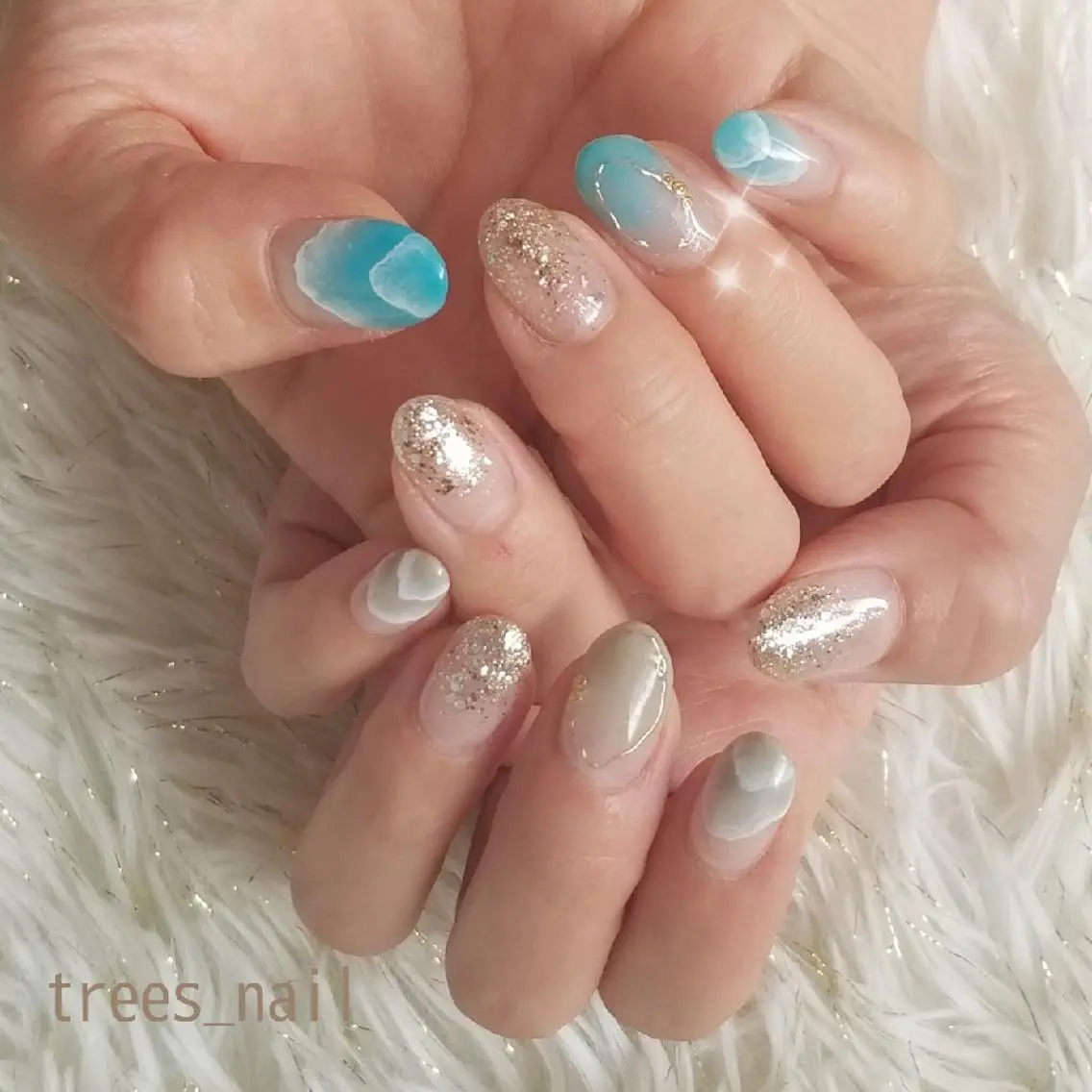 ネイル ジェルネイル ミラーネイル パラジェル 夏ネイル trees_ nailのネイルデザイン