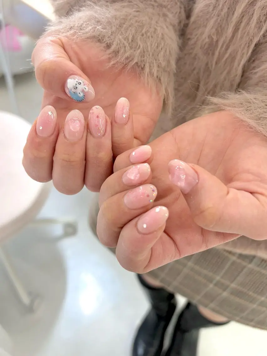 ネイル チークネイル ハート キラキラネイル 韓国ネイル ワンホンネイル ハンドネイル Sana 【梅田茶屋町】のネイルデザイン
