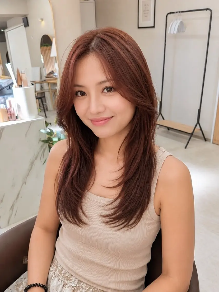 セミロング ピンクブラウン レイヤーカット カット ヘアカラー トリートメント -Cream- クリーム町田店のヘアスタイル