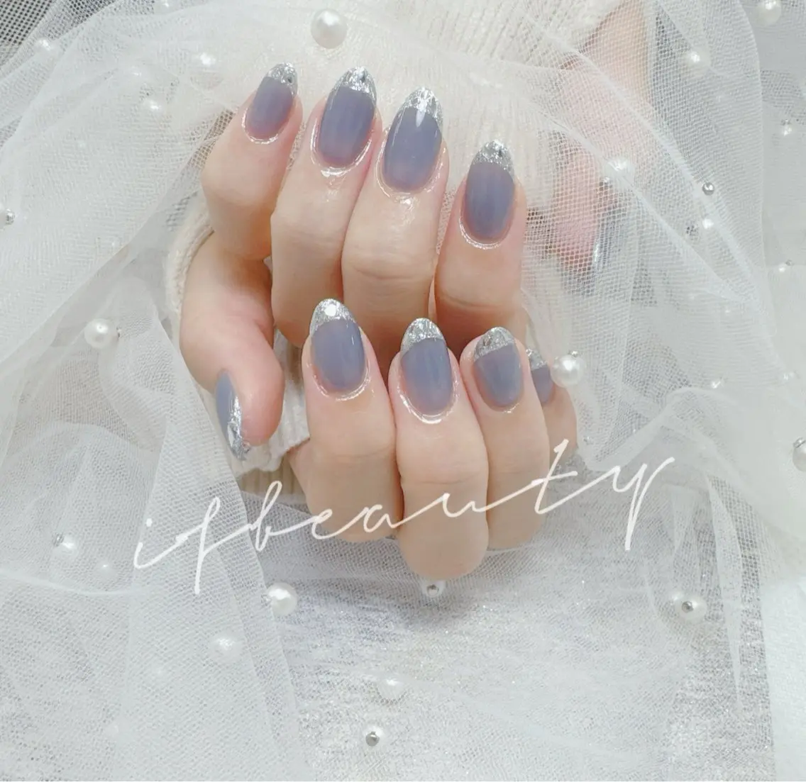 ネイル ブルー フレンチネイル ガラスフレンチ ハンドネイル 💓mi.o Nail上野店のネイルデザイン