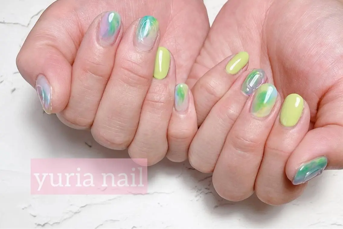 ネイル ブルー ジェルネイル グリーン 持ち込み ニュアンスネイル ハンドネイル 小林 ゆりあのネイルデザイン