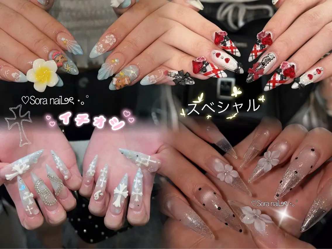 ネイル ガーリー ハート 韓国ネイル ニュアンスネイル リボン ハンドネイル Sora nail 長さ出し専門店のネイルデザイン