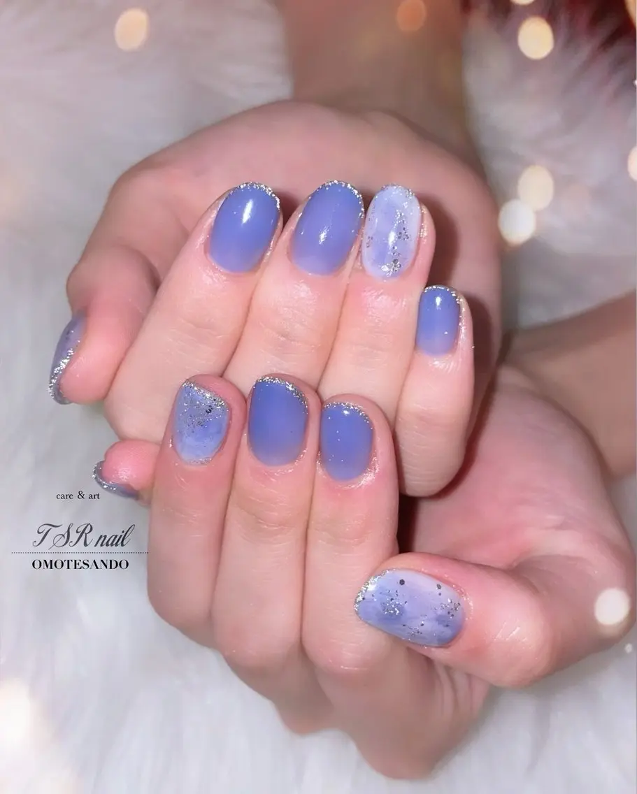 ネイル ブルー ニュアンスネイル ワンカラーネイル ショートネイル ハンドネイル ハンドケア 爪咲 りり花のネイルデザイン