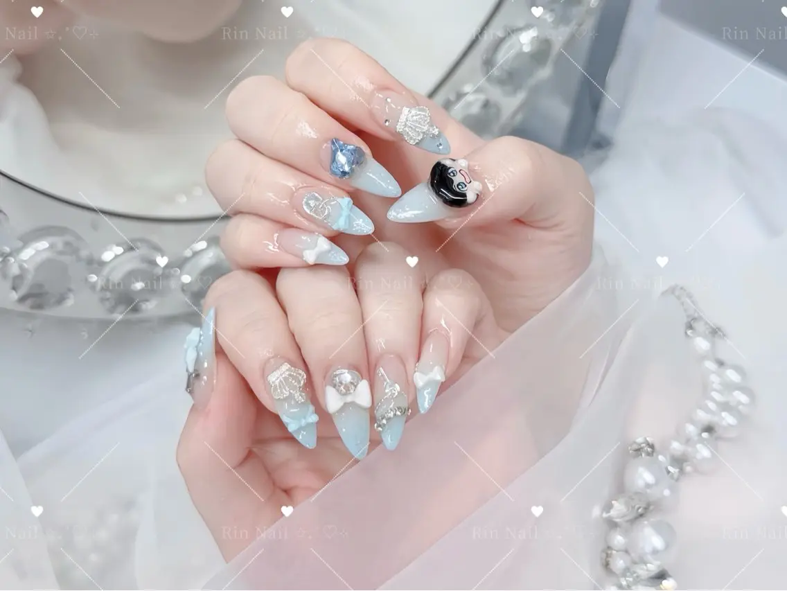 ネイル べっ甲ネイル ブルー 長さ出し フレンチネイル ジェルネイル ハンドネイル Rin Nail 新大久保店のネイルデザイン