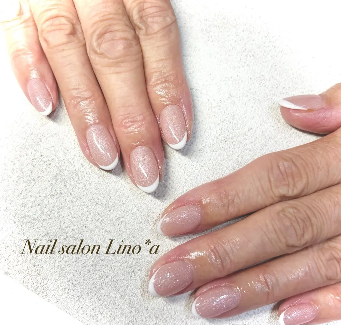 ネイル フラッシュネイル フレンチネイル ラメ(グリッター) ピンク ハンドネイル Nail salon Lino*aのネイルデザイン