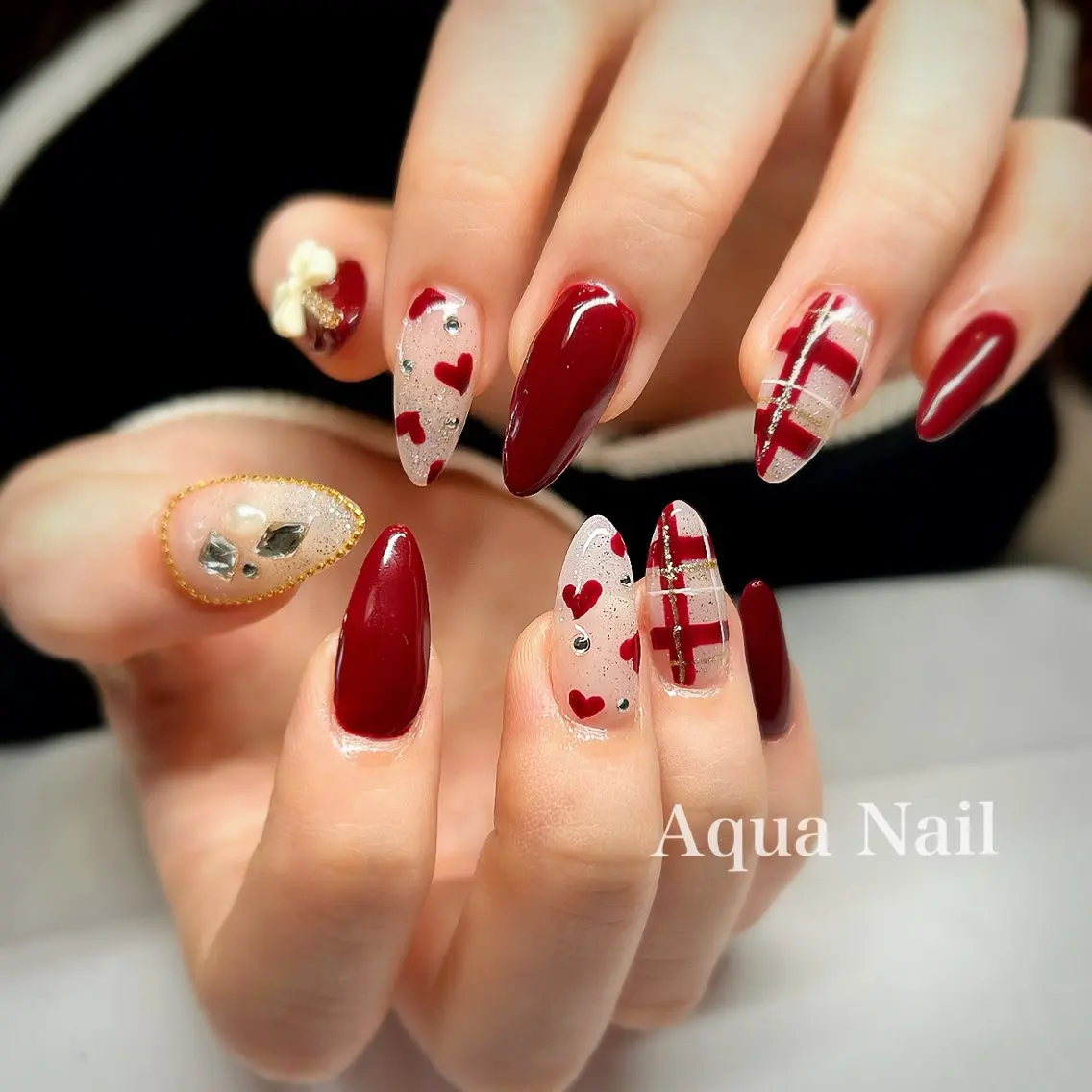 ネイル アートネイル ボルドー ハート 韓国ネイル スカルプネイル ハンドネイル AQUA NAILのネイルデザイン