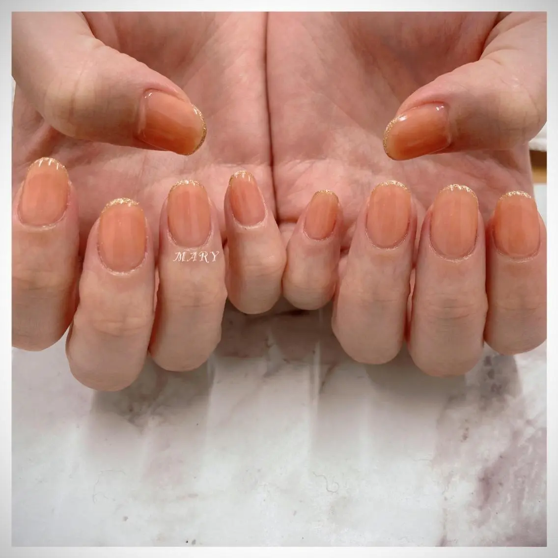 ネイル フレンチネイル ニュアンスネイル オフィスネイル ワンカラーネイル オレンジ ハンドネイル Mary nail .narumiのネイルデザイン