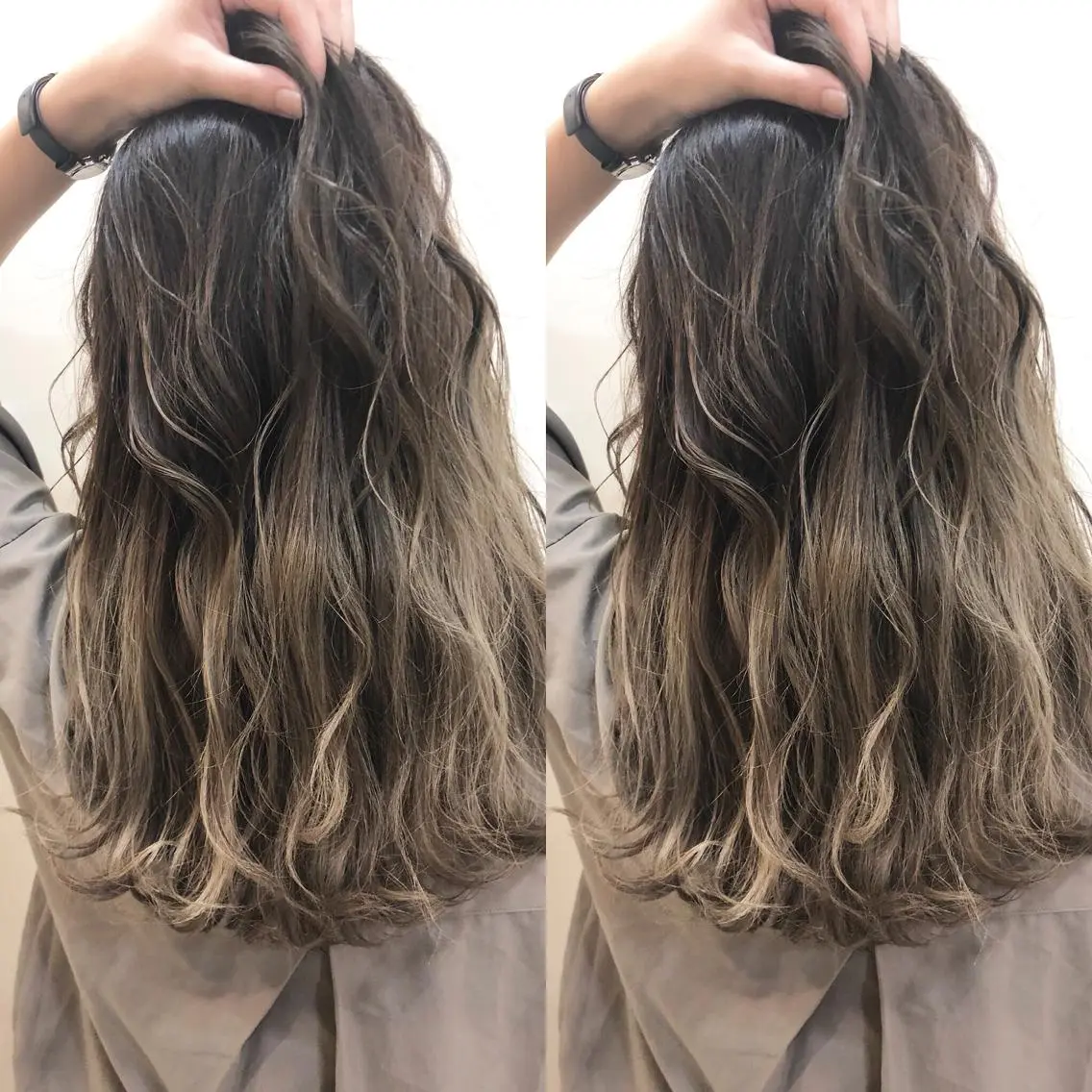 ロング カラー アッシュ バレイヤージュ ブリーチ グラデーションカラー グレージュ 似合わせカット/ レイヤーカット/新谷のヘアスタイル
