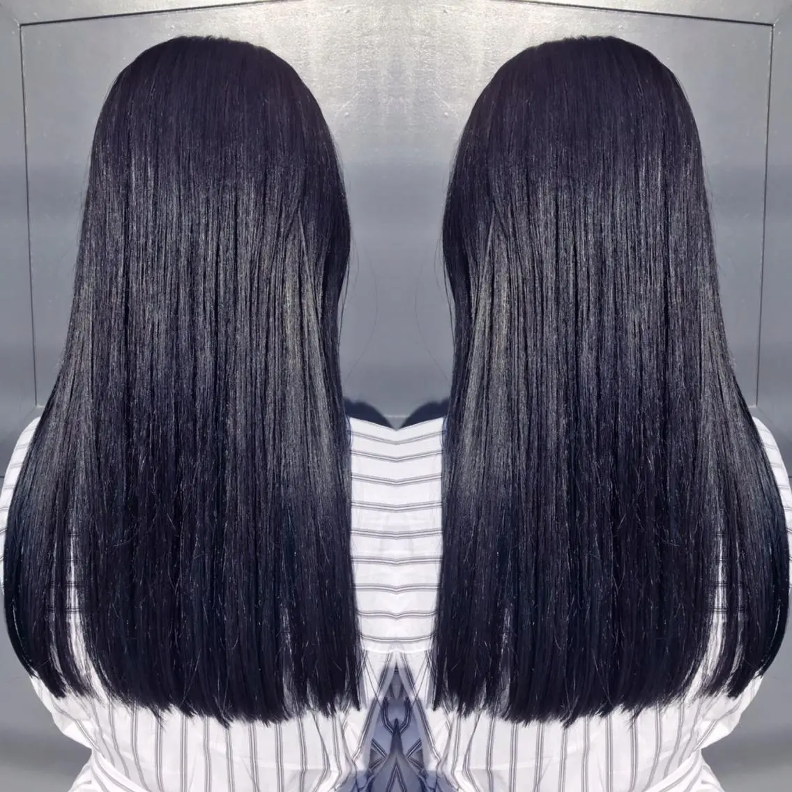 ロング カラー 黒髪 ブリーチ ブルーカラー ブルーブラック カット ヘアカラー トリートメント 長谷川 沙紀のヘアスタイル