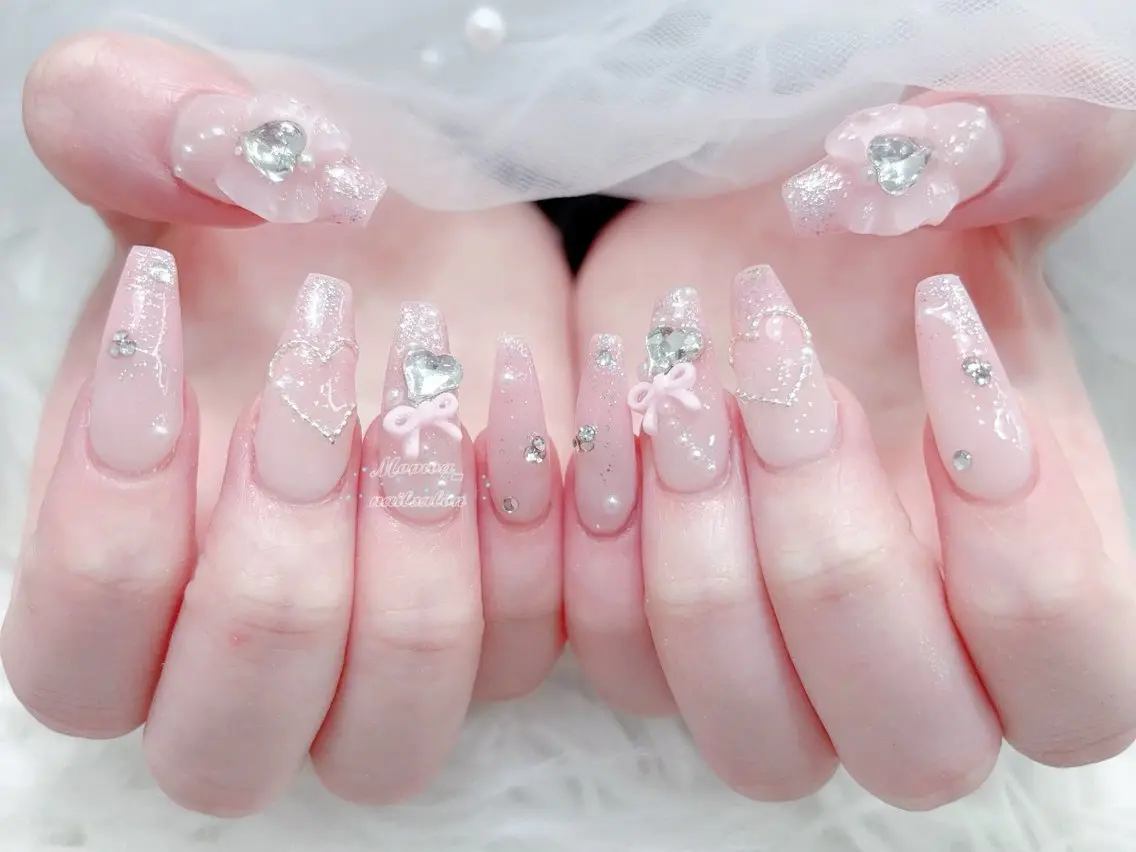 ネイル 成人式 マグネットネイル 大理石ネイル(マーブル) リボン 夏ネイル ハンドネイル MoMoA Nail ネイル長さ出し専門店のネイルデザイン