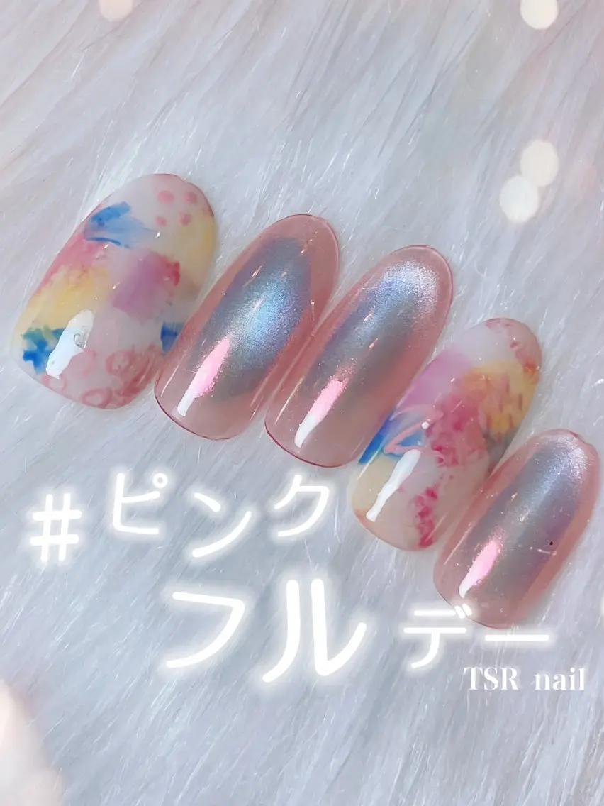 ネイル オーロラネイル マグネットネイル ピンク Tsume_ Ririのネイルデザイン