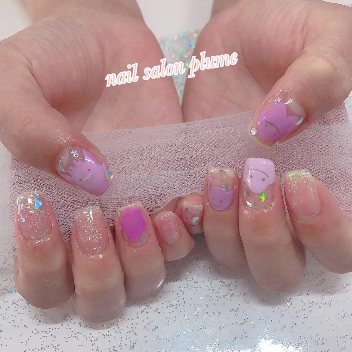 ネイル アートネイル クリアネイル ガーリー ハート キラキラネイル plume nail ☆韓国ネイルのネイルデザイン