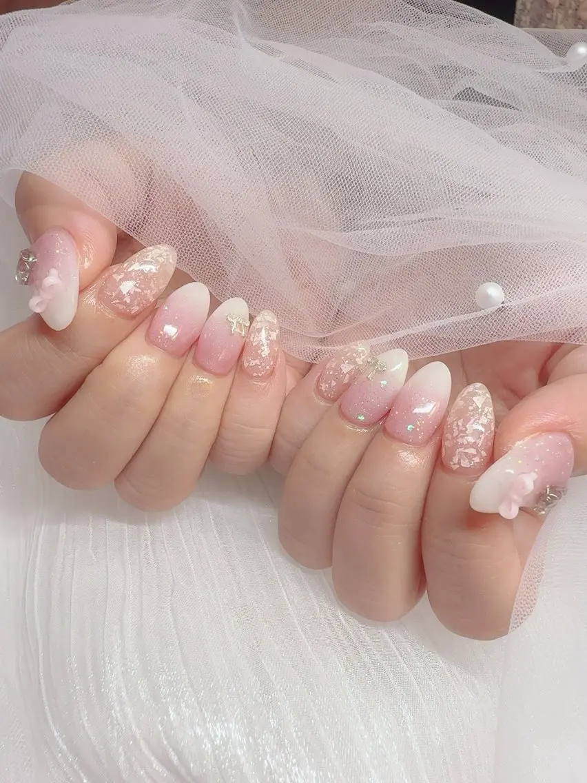 ネイル グラデーション ラメ(グリッター) ピンク リボン ハンドネイル teddybear nailsのネイルデザイン