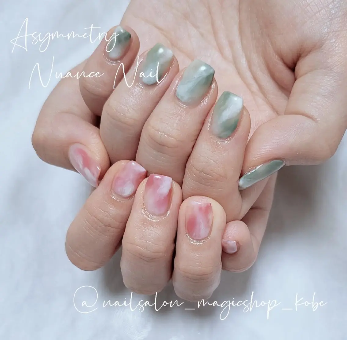 ネイル ジェルネイル グリーン ニュアンスネイル ピンク シンプルネイル ハンドネイル Nailsalon MagicShopのネイルデザイン