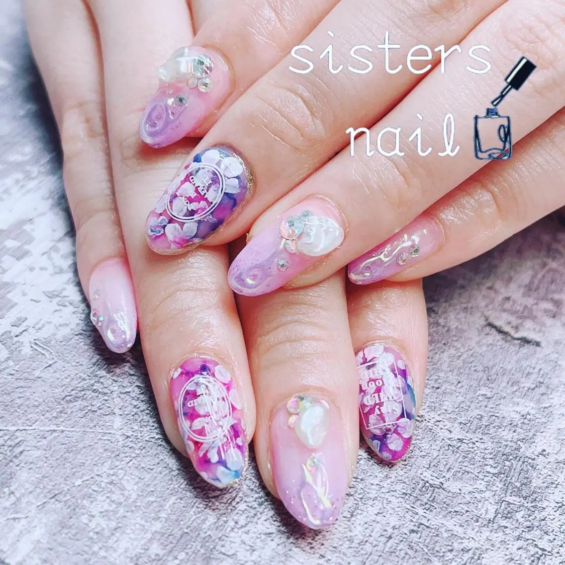 ネイル アートネイル フラワーネイル 大理石ネイル(マーブル) パステルネイル パープル ハンドネイル ハンドケア sisters nail.fのネイルデザイン