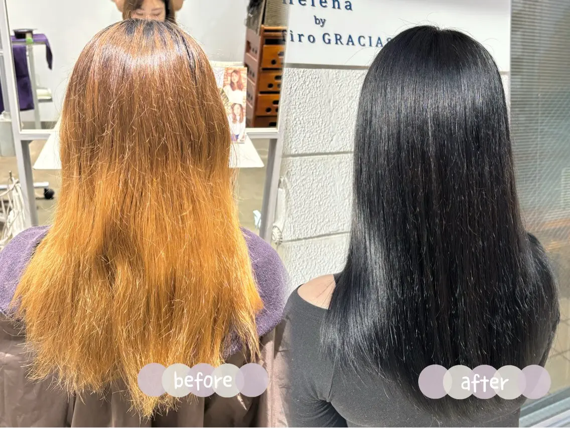 ロング カラー 黒髪 ブリーチ 透明感カラー ネイビーカラー ヘアカラー Helena あやかのマツエク・マツパデザイン
