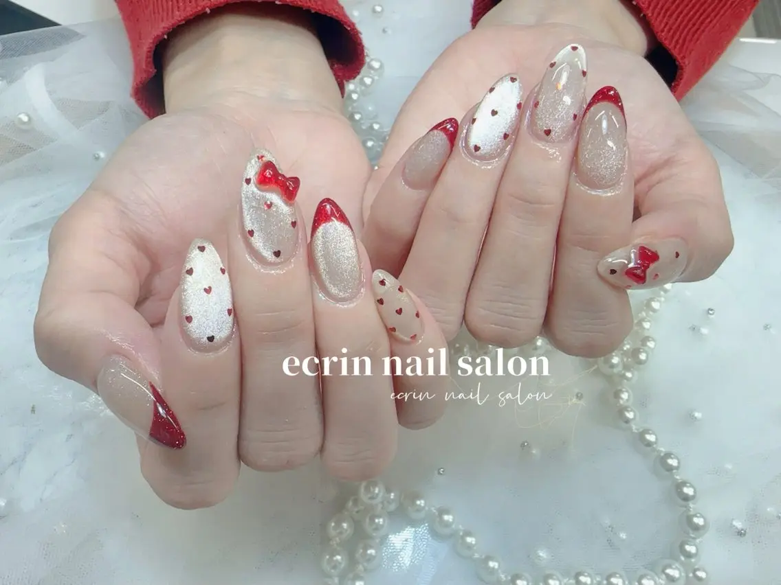 ネイル フレンチネイル ハート マグネットネイル リボン バレンタイン ハンドネイル ハンドケア ecrin nail salon錦糸町のネイルデザイン