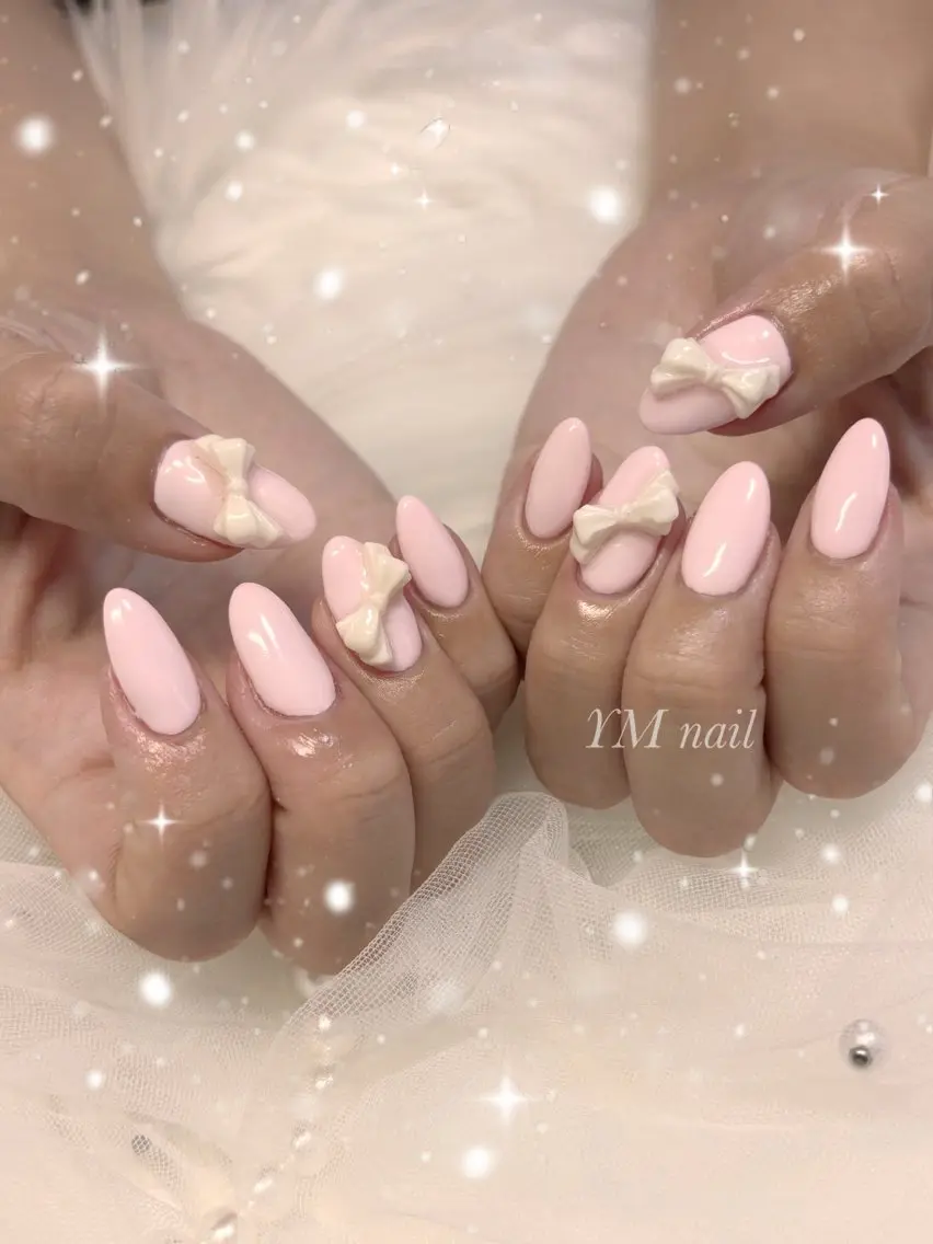ネイル ガーリー ピンク リボン ハンドネイル YM nailのネイルデザイン