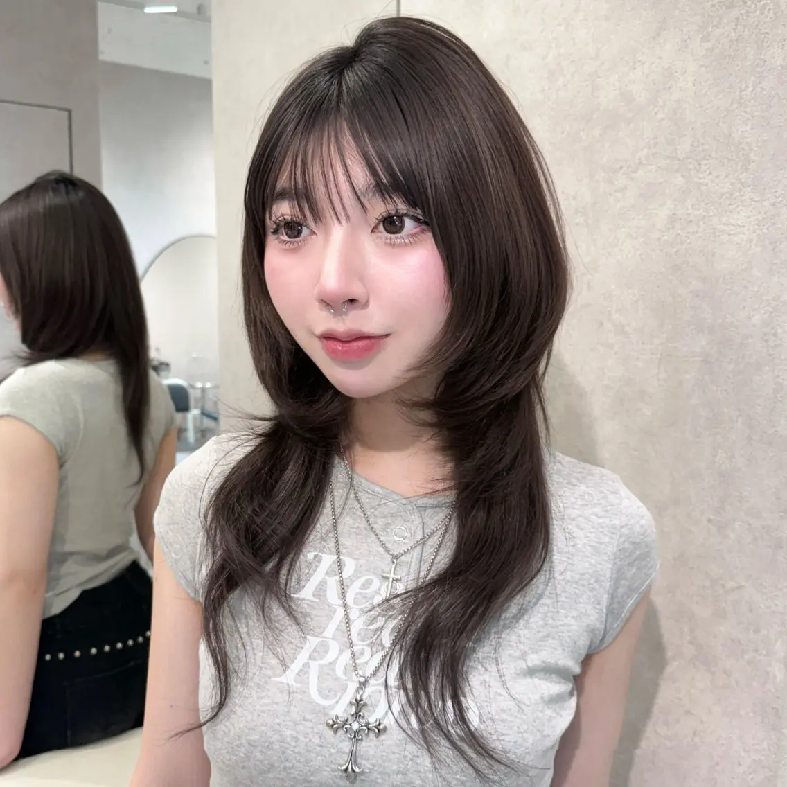 セミロング カラー ハッシュカット 韓国風ヘア レイヤーカット カット ヘアカラー トリートメント ハッシュカット/ 水光艶カラー/RINのヘアスタイル