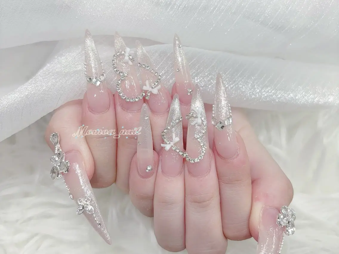 ネイル 成人式 大理石ネイル(マーブル) リボン 夏ネイル ネイルチップ ハンドネイル MoMoA Nail ネイル長さ出し専門店のネイルデザイン