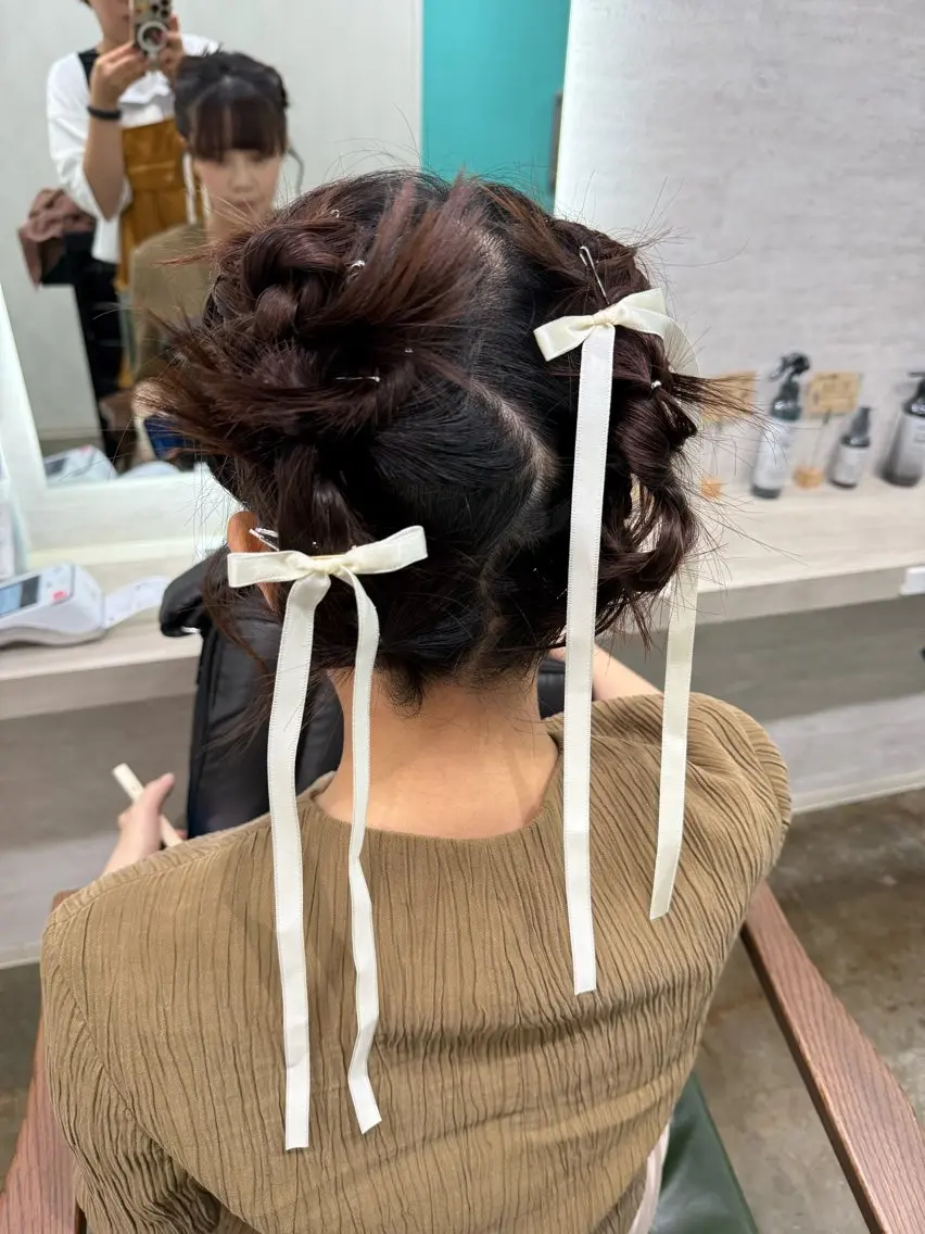 ミディアム ヘアアレンジ 結婚式・ブライダル ミディアムパーマ ボブ ハイライト 髪質改善 ヘアセット 縮毛矯正/ /関内/あべももこのヘアスタイル