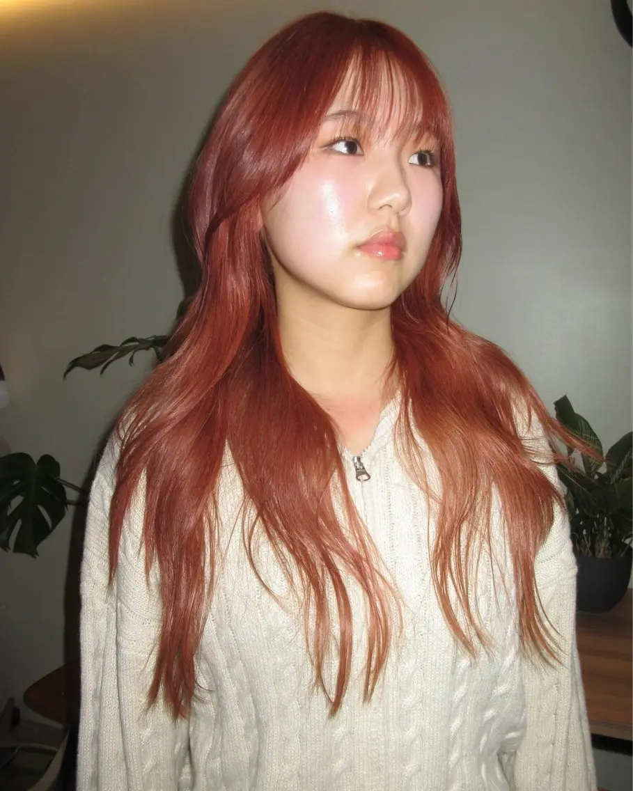 ロング アッシュ オレンジブラウン 顔まわりレイヤー ハッシュカット 韓国風ヘア レイヤーカット\ウル フ　chinatsuのヘアスタイル