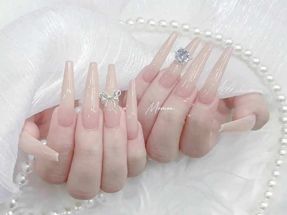 ネイル 成人式 大理石ネイル(マーブル) リボン 夏ネイル ネイルチップ ハンドネイル MoMoA Nail ネイル長さ出し専門店のネイルデザイン