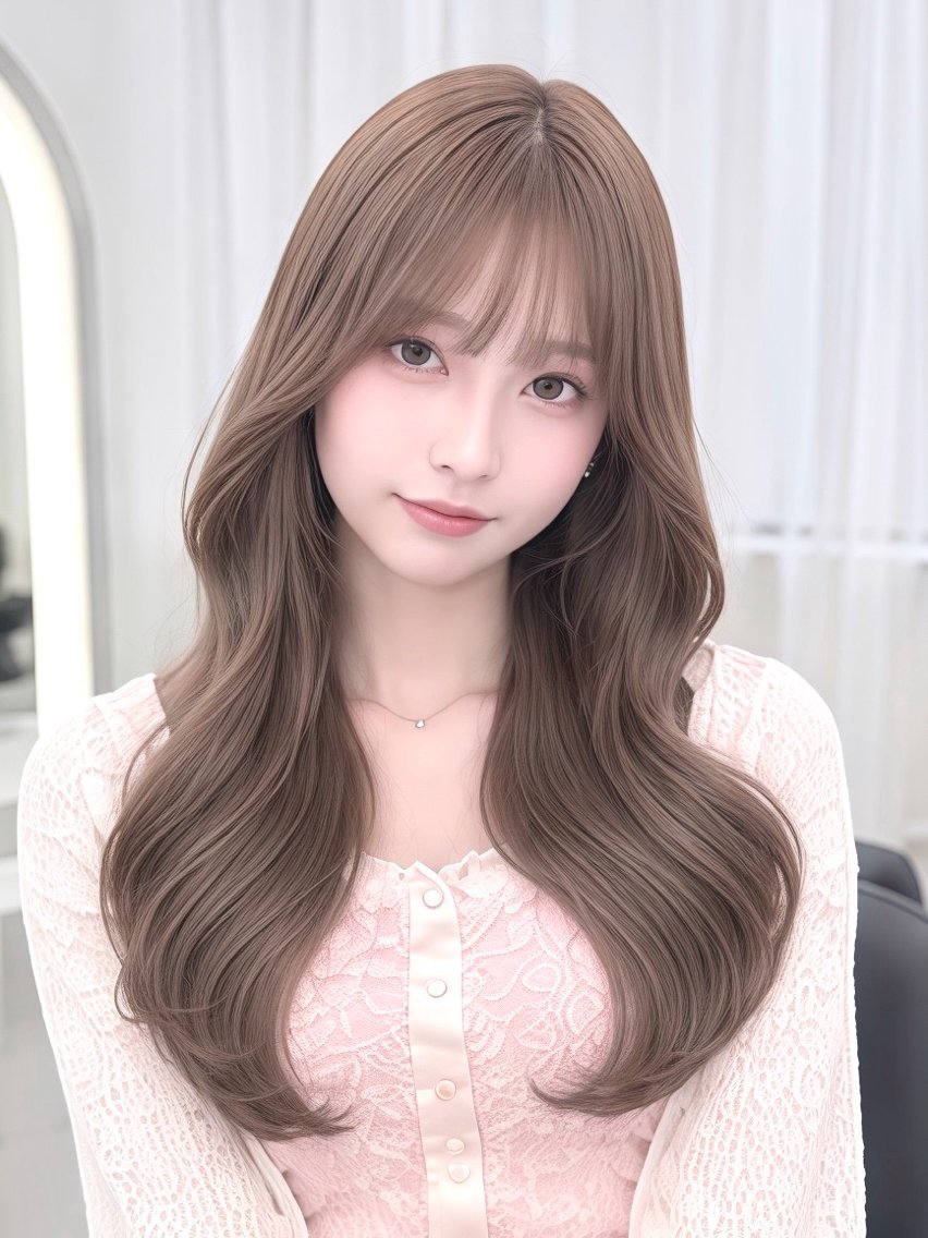 ロング ヘアカラー トリートメント かもみゆ/ブラウン /ベージュ/髪質改善のヘアスタイル