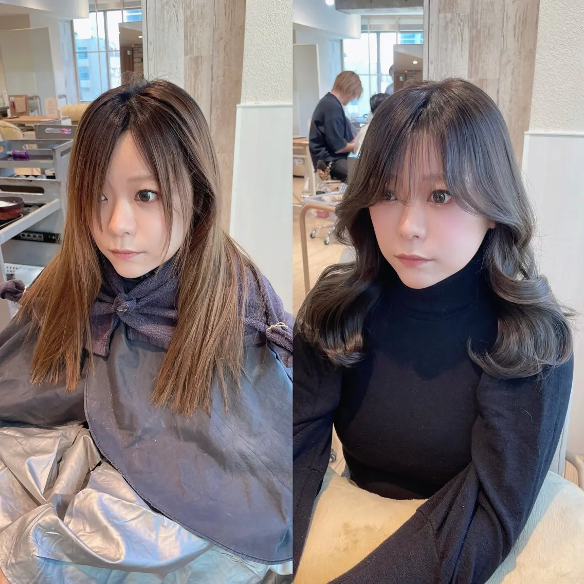 ミディアム カット ヘアカラー 表参道小顔カット前髪 割れ改善クロスパーマのヘアスタイル
