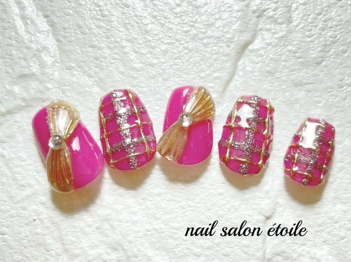 ネイル ジェルネイル ピンク リボン ハンドネイル nail salon étoileのネイルデザイン