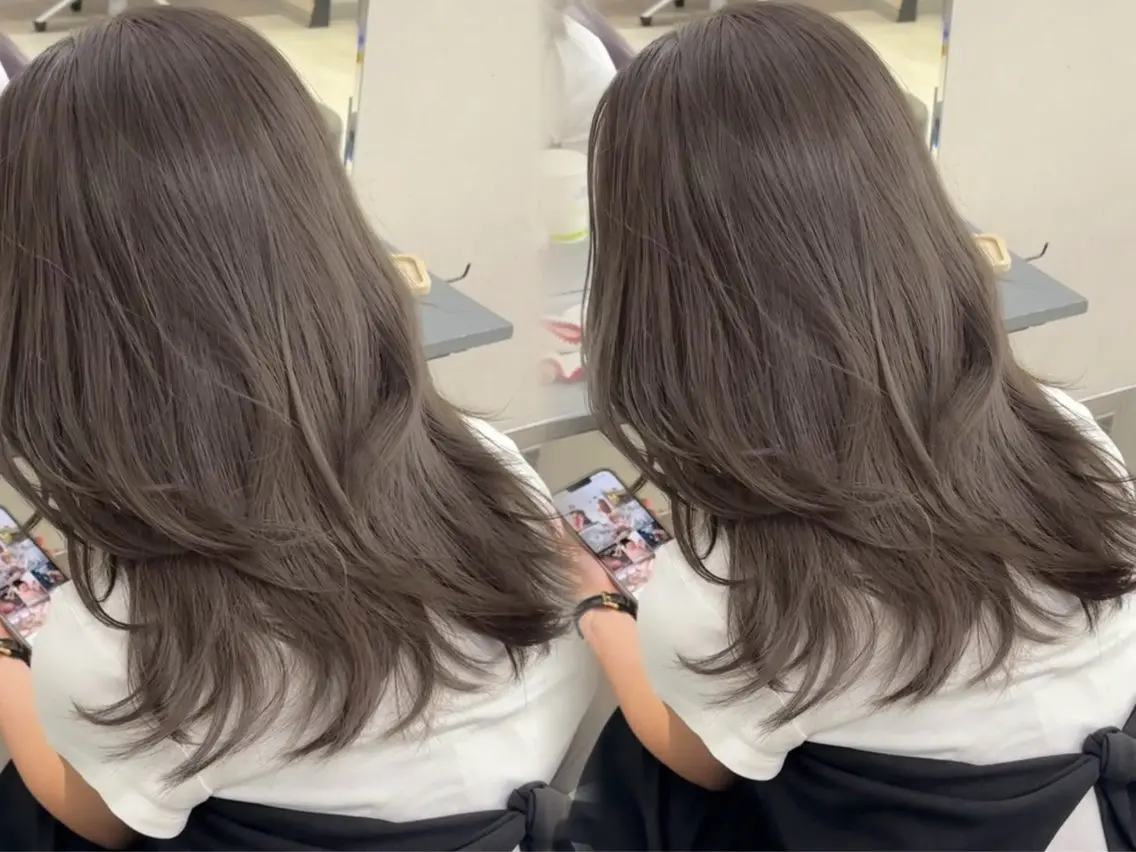 ロング 顔周りカット 韓国風ヘア レイヤーカット 似合わせカット 小顔カット カット ヘアカラー トリートメント 顔まわりレイヤー/諒 オリーブカラー/天神のヘアスタイル