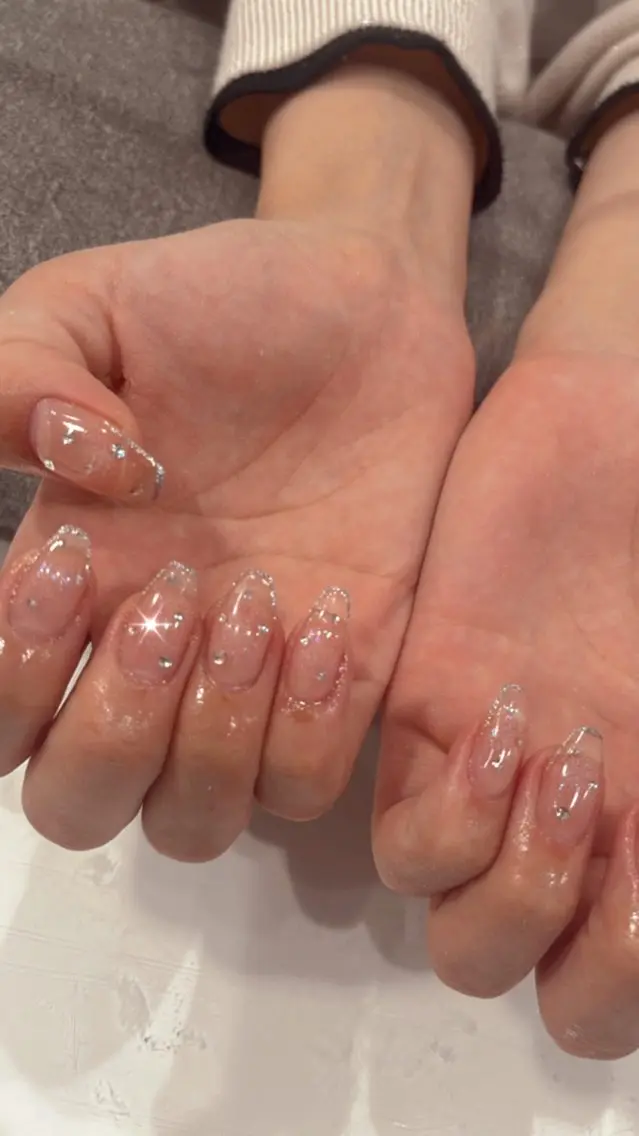 ネイル クリアネイル 長さ出し ジェルネイル キラキラネイル ラメ(グリッター) 鶴橋wooone nail.rieのネイルデザイン