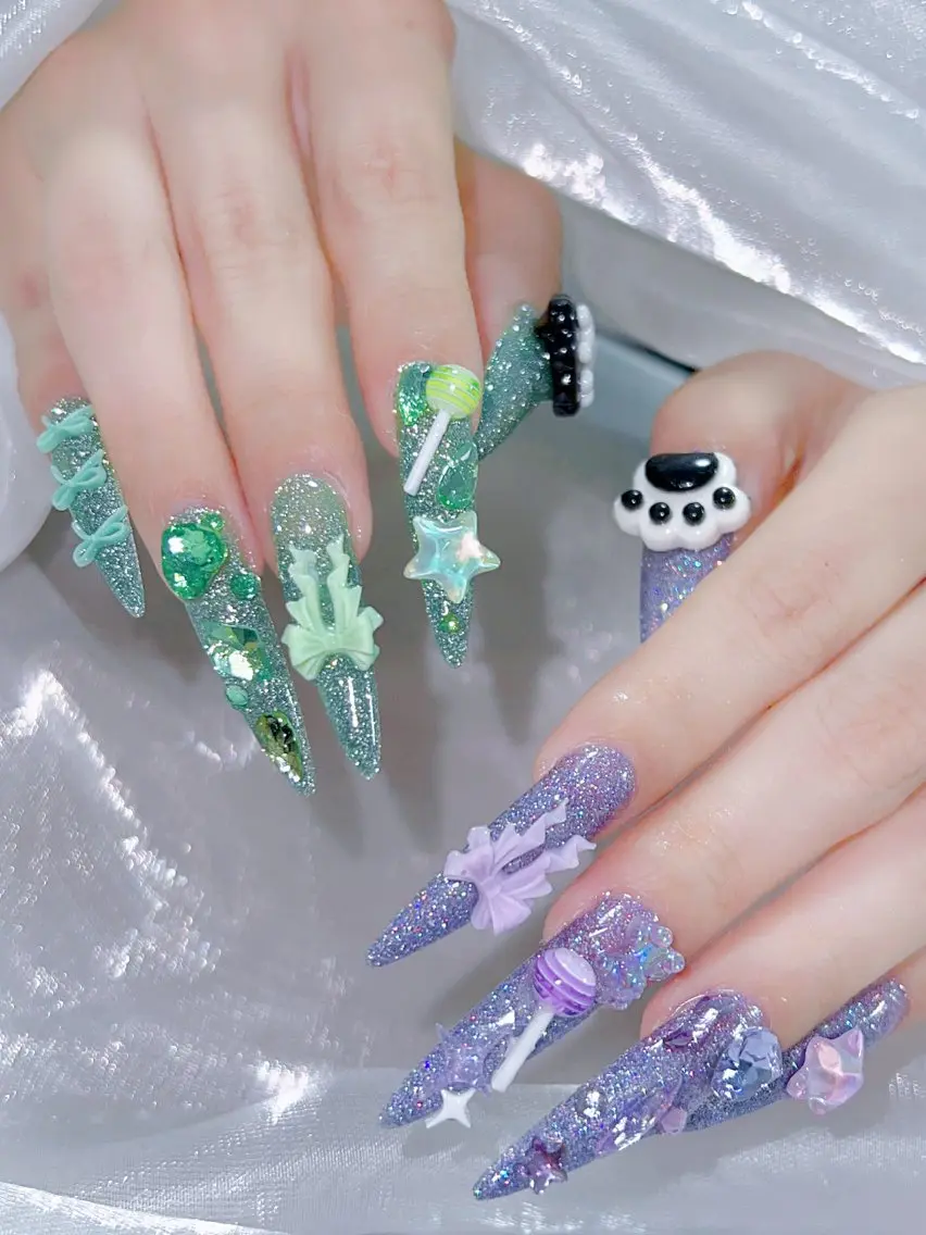 ネイル 成人式 ロングネイル マグネットネイル 大理石ネイル(マーブル) リボン ハンドネイル ZUZU AMEE NAILのネイルデザイン