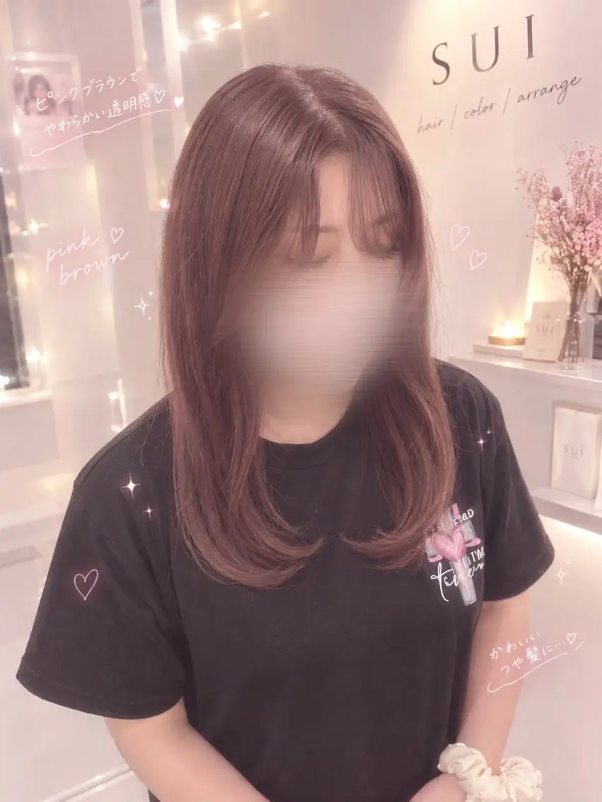 セミロング ピンクブラウン レイヤーカット ヘアカラー ももか💖お得に！ 艶モテ/透明感♡のヘアスタイル